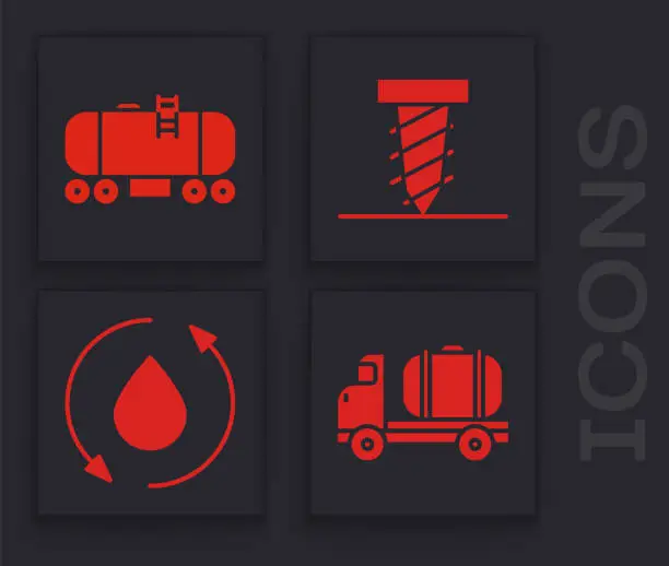 Vector illustration of Set Tanker truck, Oil railway cistern, Rotating drill digging a hole and Oil drop icon. Vector