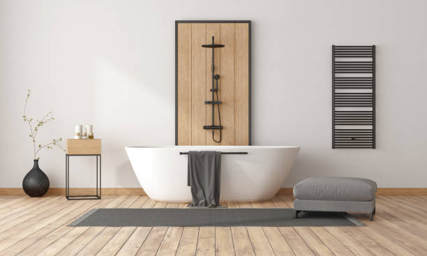 Minimalist bathroom with bathtub and shower Minimalist bathroom with bathtub and shower, decorative wood panel and black radiator - 3d rendering
Note: room does not exist in reality, Property model is not necessary domestic bathroom stock pictures, royalty-free photos & images