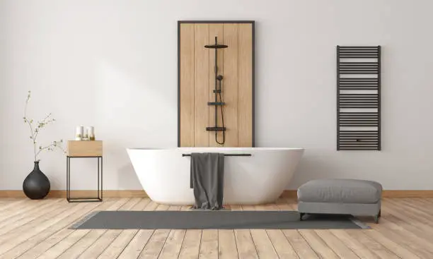 Minimalist bathroom with bathtub and shower, decorative wood panel and black radiator - 3d rendering
Note: room does not exist in reality, Property model is not necessary