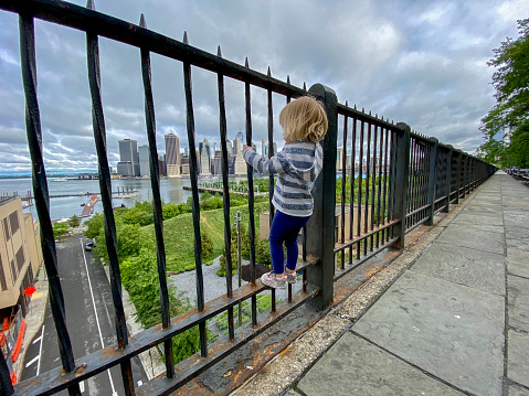 Toddler Girl Looks out at Downtown Manhattan Skyline New York City from Brooklyn USA.