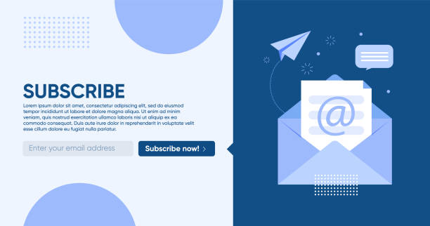 Template envelope with the subscribe button. For email marketing with an open envelope. Blue colors. Horizontal banner Template envelope with the subscribe button. For email marketing with an open envelope. Blue colors. Horizontal banner email subscription stock illustrations