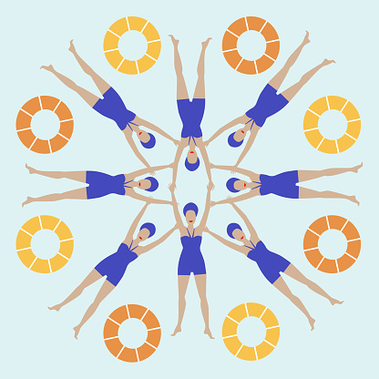 Synchronized swimming illustration. Swimmer ladies in blue swimwear figure floating.