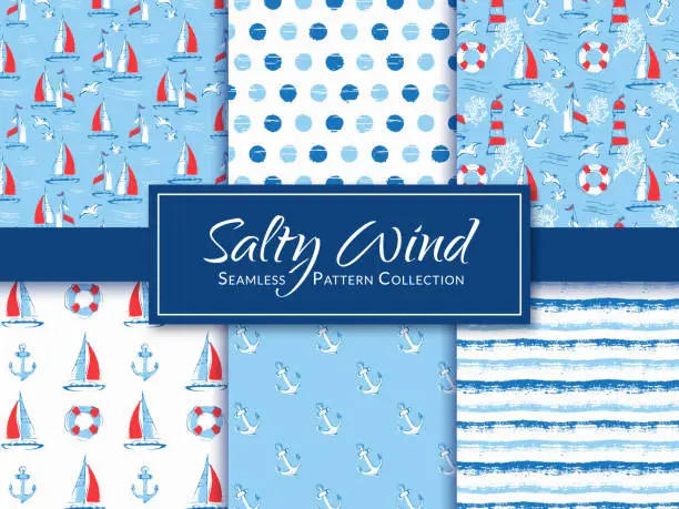 Vector illustration of Nautical seamless patterns with sailboats, lighthouses, anchors, etc. Sea background.