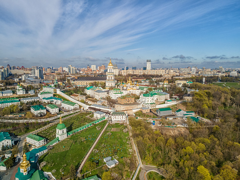Aerial top view by drone of Kiev Pechersk Lavra or the Kiev Monastery of the Caves in Kyiv, Ukraine.