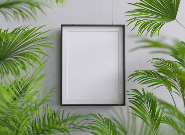 istock Blank mockup poster hanging against concrete wall surrounded by greenery. 3D render. 1323749644