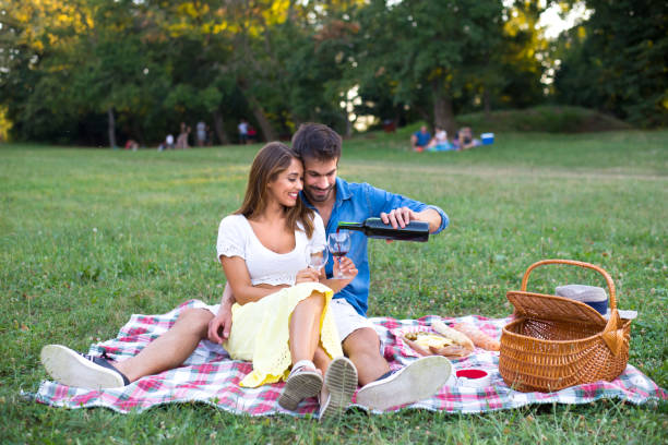 istock Young happy couple drinking wine on the summer picnic 1323754360