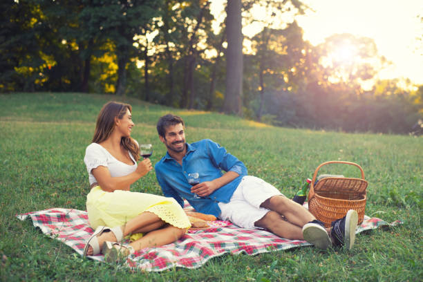istock Young happy couple drinking wine on the summer picnic 1323755657