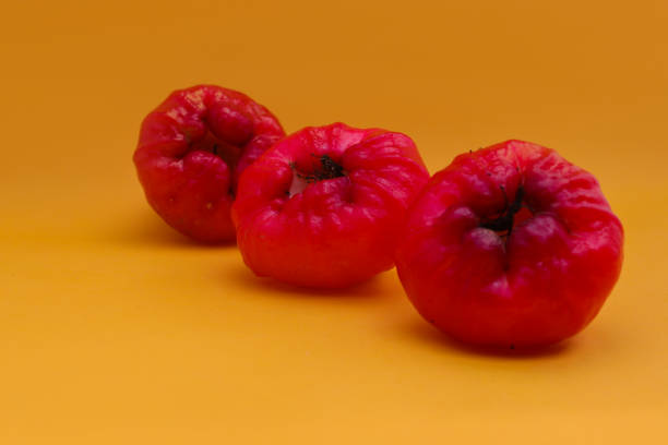 istock Freshly rose apple fruit isolated on orange background. Also known as jambu air Merah (Syzygium aqueum), jambu Semarang (Syzygium samarangense), Jambu Bol, or Malay Apple (Syzygium malaccense) 1323757535
