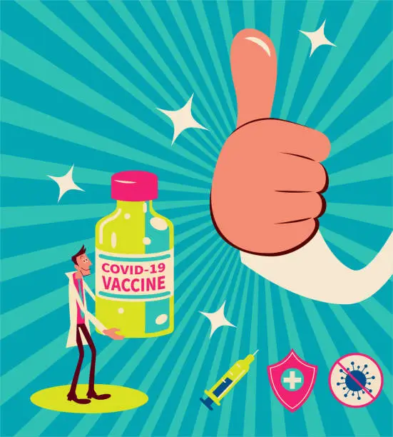 Vector illustration of Giant Hand gives a Thumbs Up to COVID-19 vaccine held by a scientist (doctor) which is Vaccine Safety and Monitoring concept