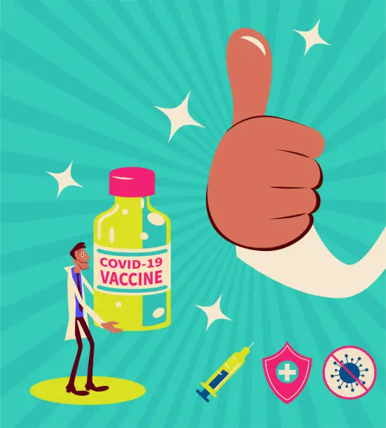 Vector illustration of Giant Hand gives a Thumbs Up to COVID-19 vaccine held by a scientist (doctor) which is Vaccine Safety and Monitoring concept