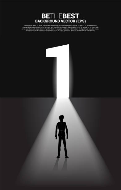 istock Silhouette of businessman standing in front of exit door number one. 1323764995