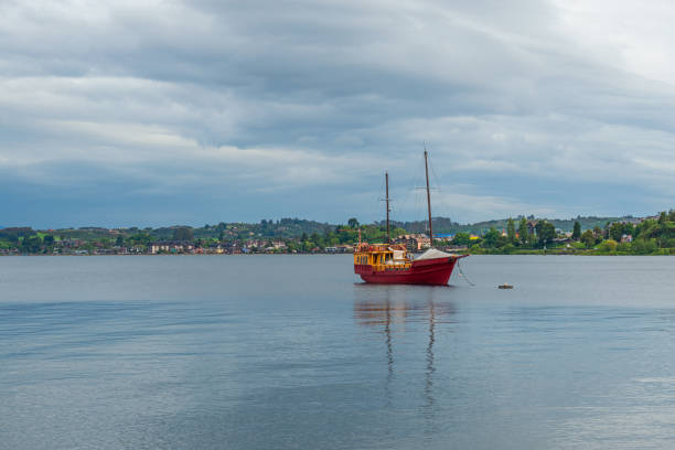 Two mast ship on Llanquihue lake, Puerto Varas city, Chile.