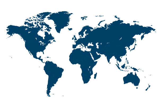 blauer weltkartenvektor isoliert auf weißem hintergrund - weltkarte stock-grafiken, -clipart, -cartoons und -symbole