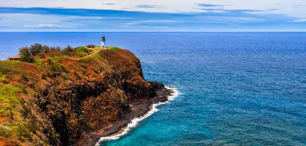 Photo of Kilauea lighthouse panorama on a sunny day in Kauai, Hawaii Islands.