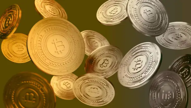Bitcoin 3d render background. Golden Bitcoin coins.
