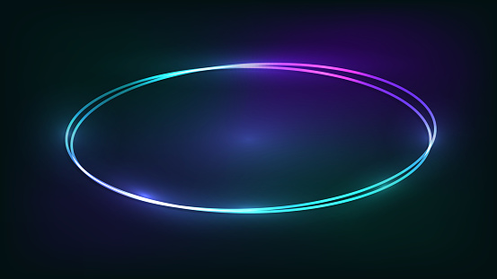 Neon double oval frame with shining effects on dark background. Empty glowing techno backdrop. Vector illustration.