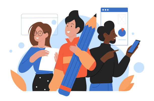 Teamwork business people, team of office worker characters standing together for work Teamwork business people vector illustration. Cartoon team of office worker characters standing together, woman man holding big pencil, mobile phone and paper documents for work isolated on white talking on office phone stock illustrations