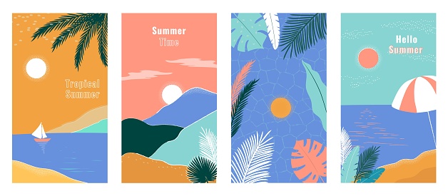 Social media stories design templates, backgrounds with copy space for text. Summer landscape background for banner, greeting card, poster and advertising. Summer vacation concept with palms and sea.