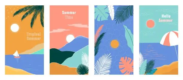 Vector illustration of Social media stories design templates, backgrounds with copy space for text. Summer landscape background for banner, greeting card, poster and advertising. Summer vacation concept with palms and sea.