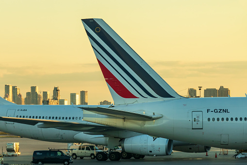 The Air France tail logo is seen on a Boeing 77 while at Toronto Pearson International Airport, one of its nearly 91 international destinations. Air France is the flag carrier of France and a subsidiary of the Air France–KLM Group.