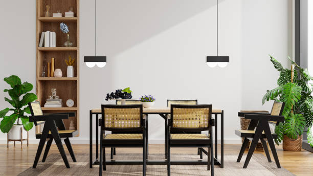 modern style kitchen interior design with white wall. - living room showcase interior luxury dining room imagens e fotografias de stock