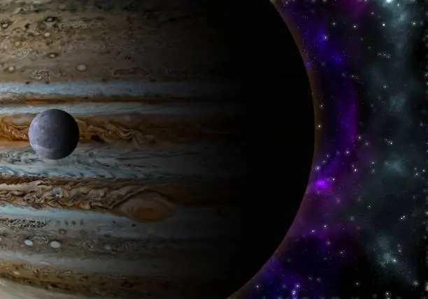 Illustration of Jupiter next to Ganymede in a background full of stars and colorful clouds, it does not represent real Jupiter and its moon size.
Illustration was made in Photoshop CC 2019
For Jupiter a texture was used from the link above and only was used a part of it, not being a true representation of the planet. 
https://nasa3d.arc.nasa.gov/detail/jup0vss1 
For Ganymede a texture was used from the link above and only was used a part of it, not being a true representation of the moon. 
https://nasa3d.arc.nasa.gov/detail/jup3vss2