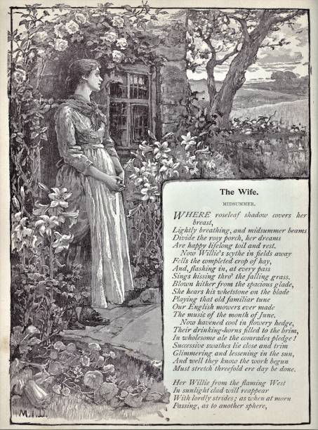 Wife Poem Part 1, Woman Waits, Romanticism Victorian Style Woman stands outside home illustrating poem “The Wife”. Part 1 of 2 parts. Illustration published in Royal Manual by Henry Davenport Northrop (The Dallas Book Publishing Co.: Dallas, Texas) in 1891. victorian house exterior stock illustrations