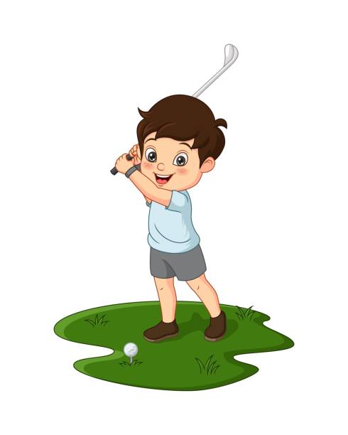 мультфильм милый маленький мальчик, играющий в гольф - golf child sport humor stock illustrations