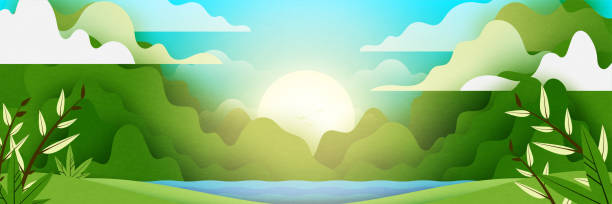 istock Green abstract nature landscape scenery banner background.Mountain green hills.Horizontal vector illustration. 1323783839