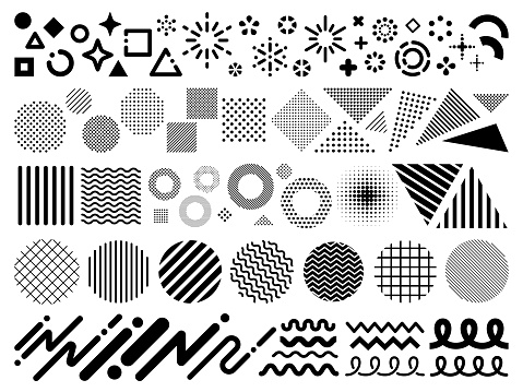 A set of icons in various geometric shapes and patterns
(circles, triangles, squares, dots, stripes, lines)