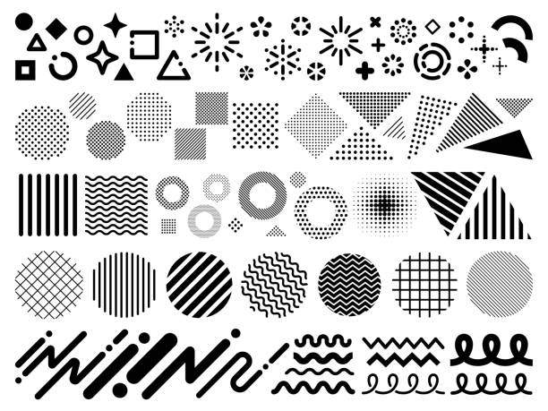 A set of icons in various symbolic shapes and patterns A set of icons in various geometric shapes and patterns
(circles, triangles, squares, dots, stripes, lines) zigzag stock illustrations