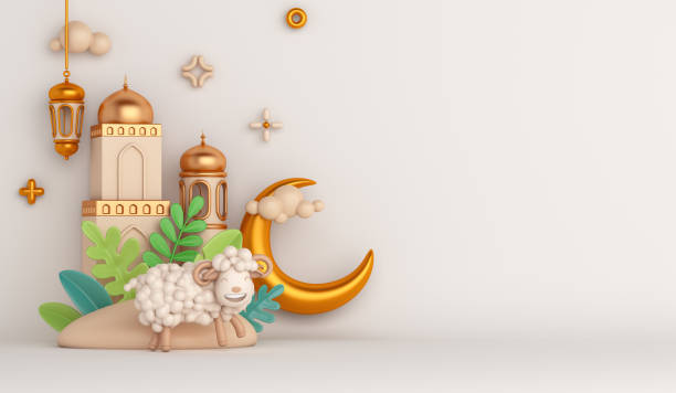 eid al adha islamic decoration background with goat sheep arabic lantern crescent mosque, ramadan kareem, mawlid, iftar, isra miraj, eid al fitr, muharram, copy space text area, 3d illustration. - mevlid kandili stok fotoğraflar ve resimler