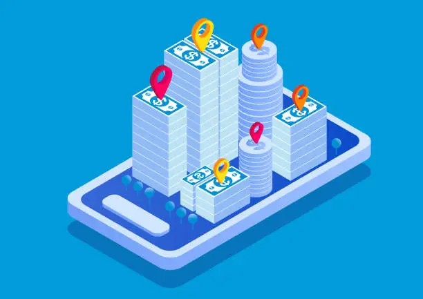 Vector illustration of Financial city, financial investment and management on isometric smartphone