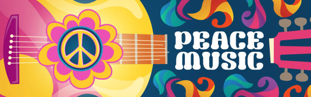 Hippie music cartoon banner with acoustic guitar Hippie music cartoon banner with acoustic guitar and peace symbol on colorful ornate psychedelic background. Rock-n-roll hippy musical disco party, pop concert, festival live event Vector retro design woodstock stock illustrations