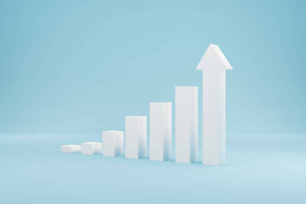Arrow graph sign growth step staircase moving up on light blue background. Business development to success and growing annual revenue growth concept. 3d illustration