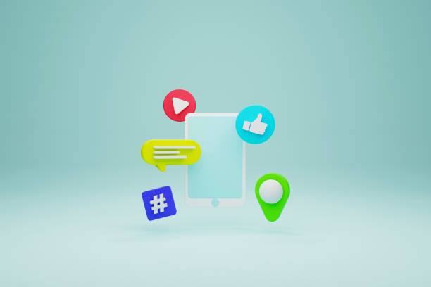 Mobile smartphone and icon speech bubble, hashtag, pin map, like and play streaming on blue background. Social media concept. 3d illustration