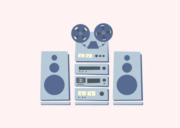 Vector illustration of Vintage old retro stereo, audio set up. Hi-Fi components in rack.