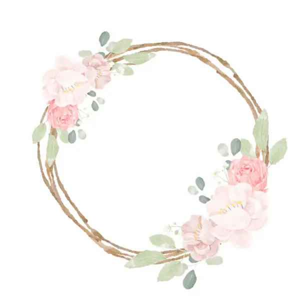 Vector illustration of hand draw watercolor pink roses and peony bouquet with dry twig frame wreath