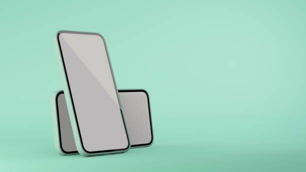 istock Two smartphone with mock-up screen isolated on mint green background with copy space, 3D rendering 1323808053