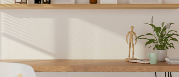 istock Wooden table with figure, plant pot, stuff and copy pace in living room, 3D rendering 1323808219