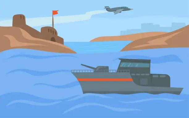 Vector illustration of Warship with cannon on board approaching fortress from water