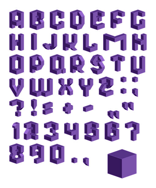 Vector isometric 3d font. Violet collection of letters, numbers and punctuation marks vector art illustration