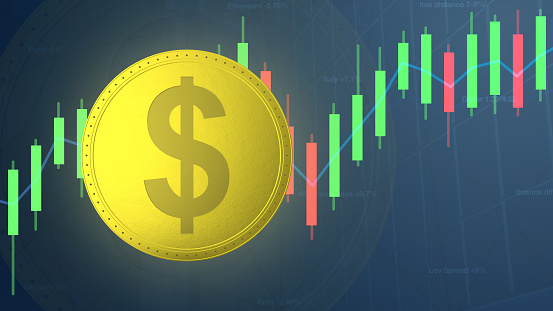 Dollar coin symbol on yellow money with trading graphic concept of a business idea with blue background. Abstract golden dollar on the stock trade market graph illustration of financial investments and economy finance with lines.