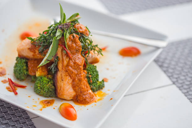istock Chu Chee Red curry salmon Paste on white plates in Restaurant 1323814137