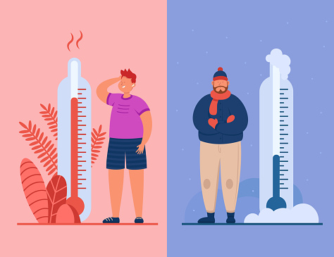 Men in heat and cold weather flat vector illustration. Male people in extreme hot and freeze. Characters in summer and winter clothes. High and low temperature, meteorology thermometer concept
