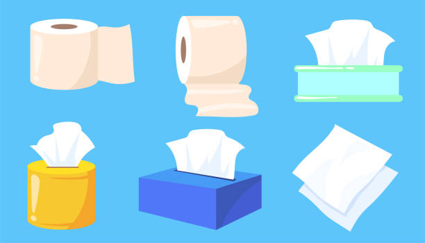 Set of tissue and toilet paper rolls cartoon vector illustration Set of tissue and toilet paper rolls cartoon vector illustration. Colorful boxes of wet wipes, towels for kitchen or bathroom. Hygiene, toiletries, sanitary concept for banner design, landing page napkin stock illustrations