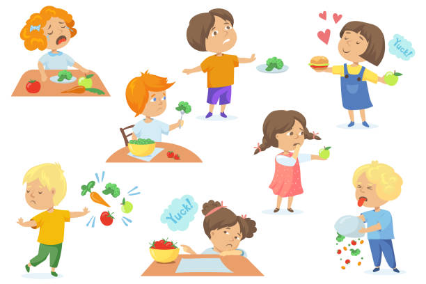 음식에 만족하지 못해 아이들 세트 - eating obsessive child toddler stock illustrations