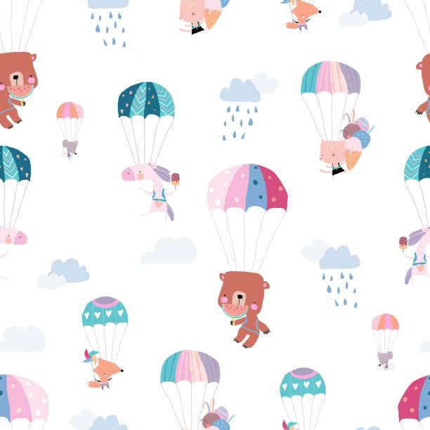 бесшовный шаблон с счастливыми животными, летающими с красочными парашютами в небе - horse child animal feeding stock illustrations