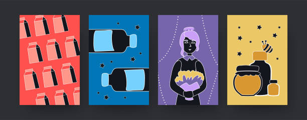 Set of contemporary art posters with bottles, flowers, honey. Vector illustration. .Collection of colored packages, jars with honey and woman with bouquet in bright background. Nature, honey concept