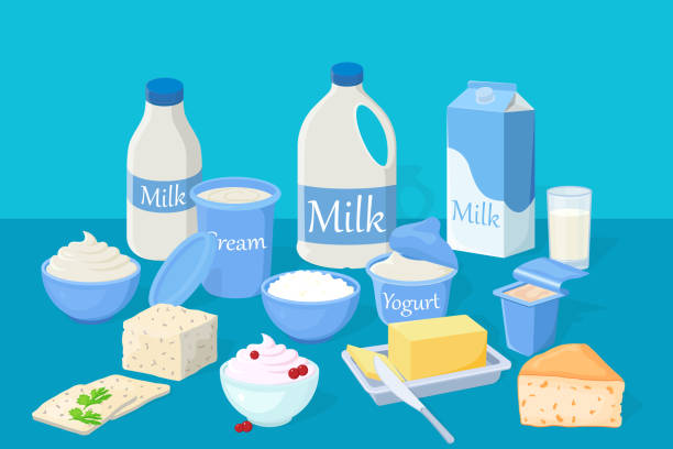 A set of dairy products on a blue background A set of dairy products on a blue background .Illustrations of milk, cottage cheese, butter, sour cream, cream, cheese and yogurt.Illustrations in a hand-drawn style.Fresh farm products. cottage cheese stock illustrations